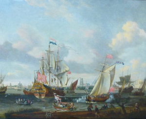 Gezicht op de Maas bij Rotterdam door Johannis de Blaauw (1712-Amsterdam-1776)