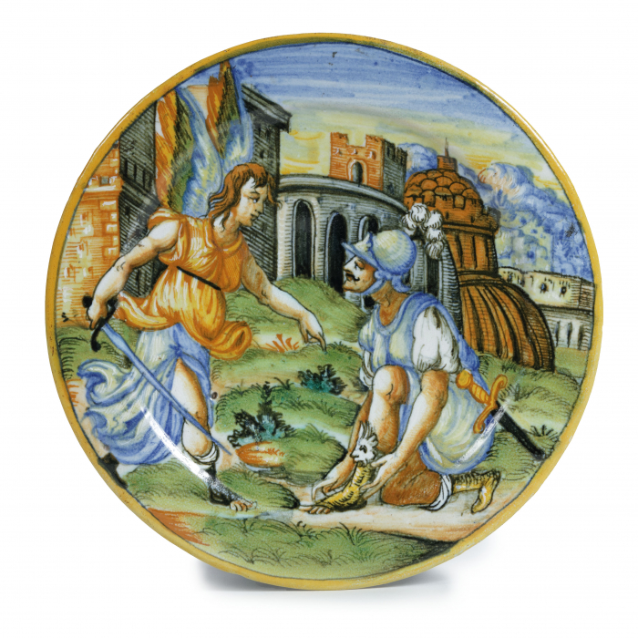 Italian maiolica Istoriato dish with Archangel Michael, Duchy of 