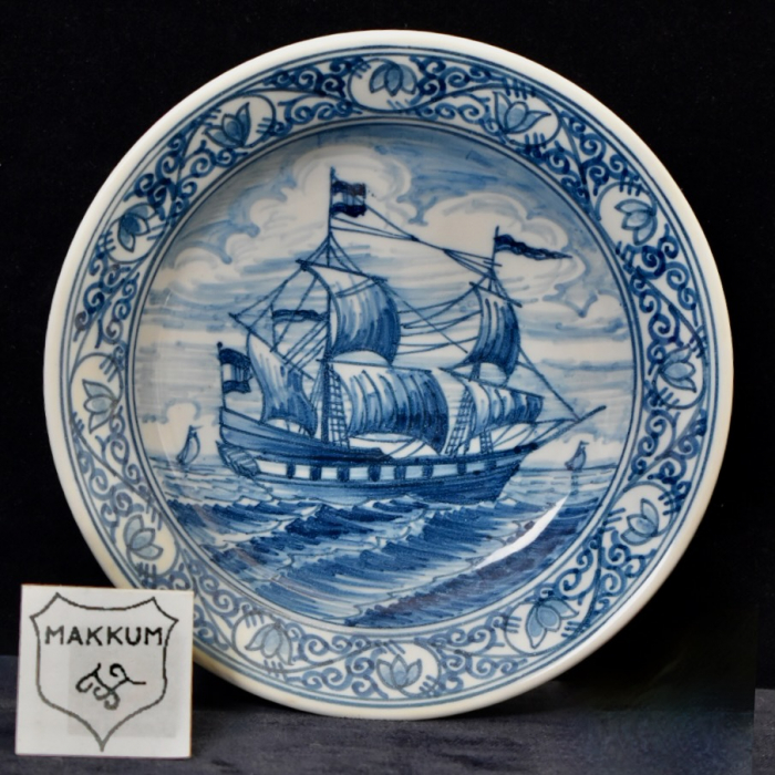 Dutch Hand Painted Royal Makkum Blue White Delft Plate A Dutch Trade Sailing Vessel Royal