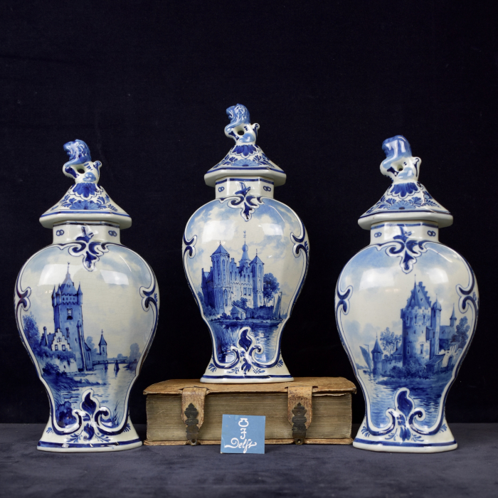 Antique Dutch Blue White Royal Delft Hand Painted Three Piece Garniture 1907 1914 ROYAL