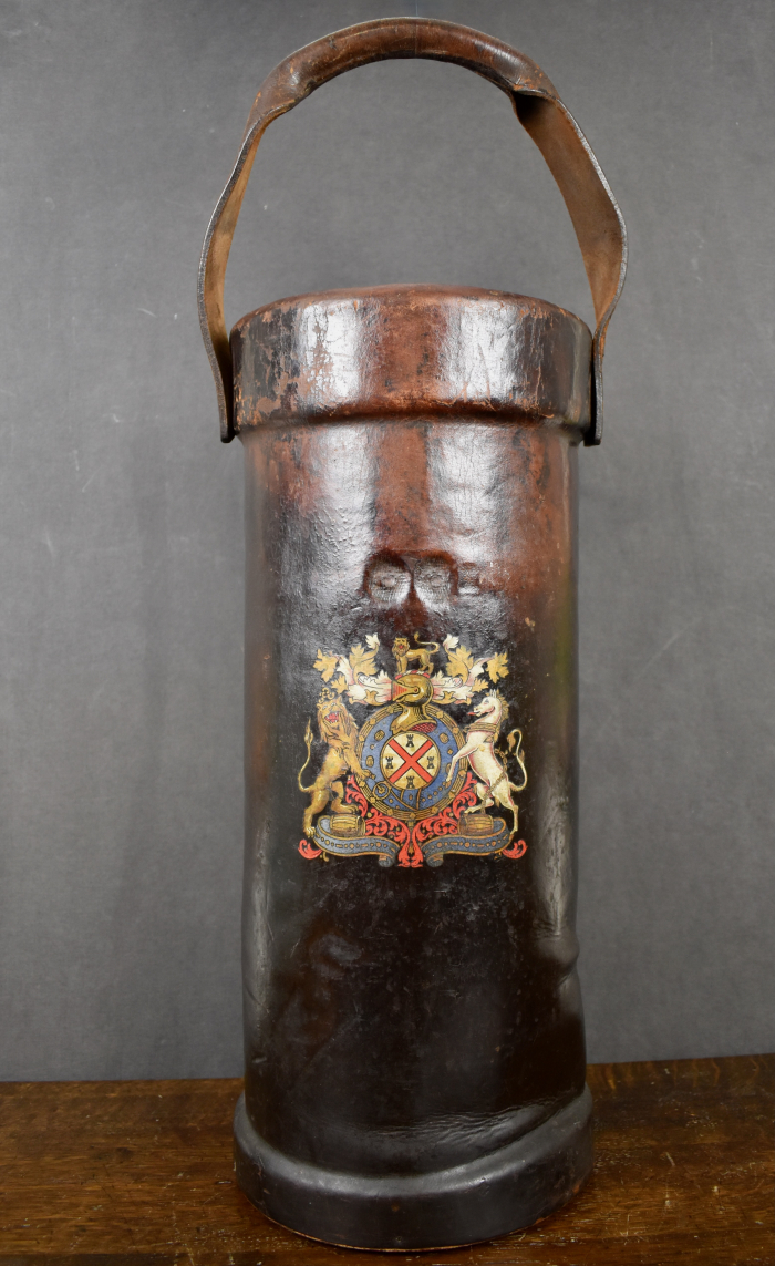 Antique English Leather Military Gunpowder Bucket / Shell Carrier Hart