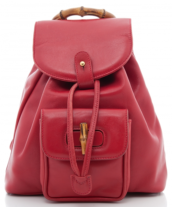 Gucci Red Leather Drawstring Bamboo Handle Backpack Gucci La Doyenne