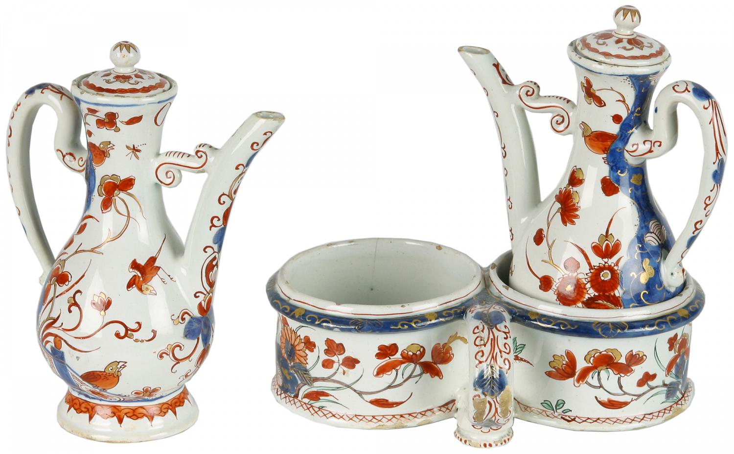 An Oil and Vinegar Set in Polychrome Dutch Delftware Van Nie Antiquairs
