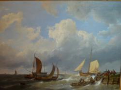 Binnenhalen van de sloep. Rechts op steiger 7 figuren.