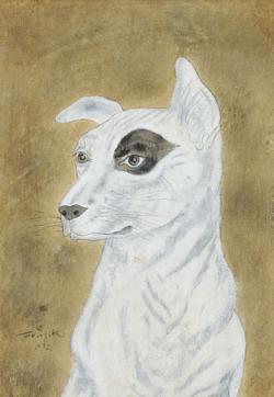 Wit hondje, donkere vlek om oog. Frans (Japans) schilder