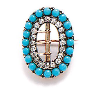 Broche sertie de diamants taill&Atilde;&copy;s antiques et turquoise.