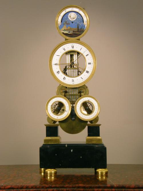 A French Empire astronomical skeleton mantel clock, circa 1800.