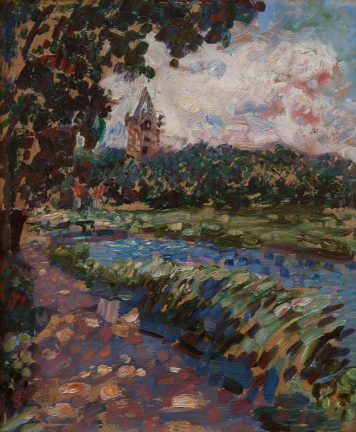 Impressionistic landscape with river, tower in the distance
