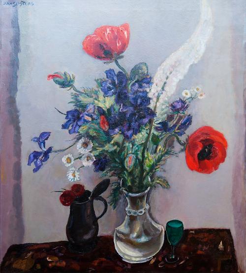 Nature morte avec des coquelicots et des iris