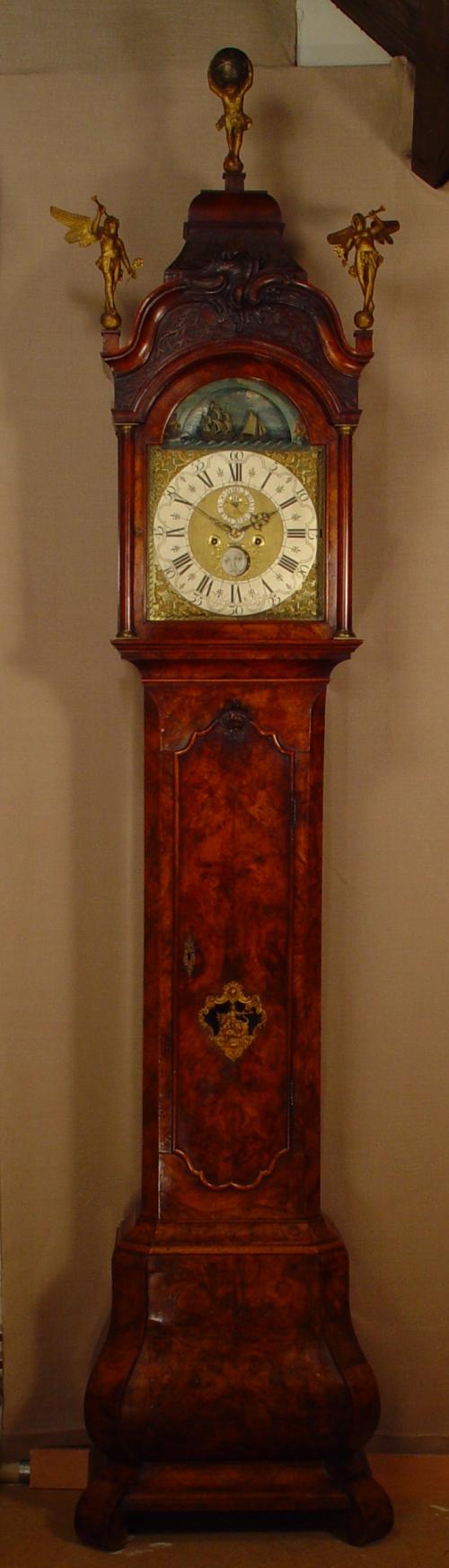A Dutch Amsterdam burr walnut longcase clock with ships automaton N. Weylandt circa 1750