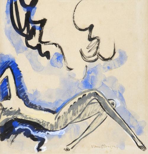 Nude, laying in a blue cloud