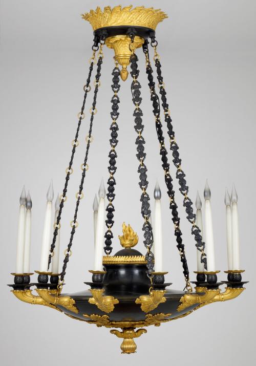 Lustre en Bronze Patin&Atilde;&copy; et Dor&Atilde;&copy; &Atilde;&nbsp; Douze Bras de Lumi&Atilde;&uml;res