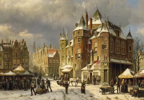 De Waag, Nieuwmarkt, Amsterdam in wintertime. Dutch romantic painting