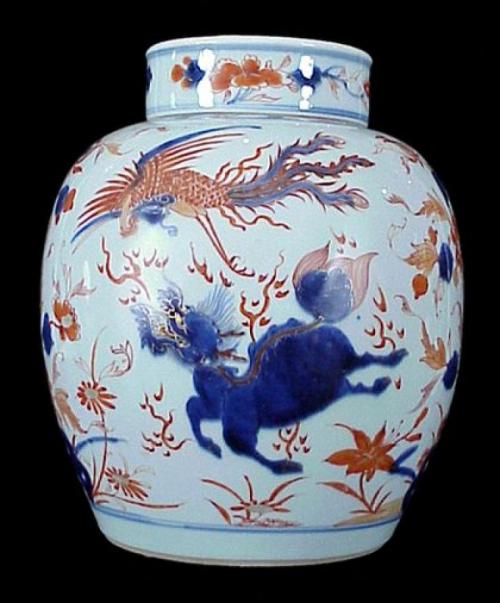 A large Imari porcelain jar with cover