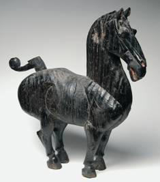 sculpture chinoise, cheval noir en bois laqu&Atilde;&copy;. statues antiques de la Chine