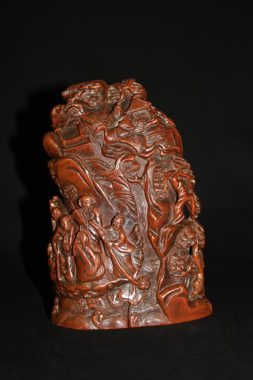 A Chinese wooden sculpture of a mountain with immortals, Qing dynasty Works of Art