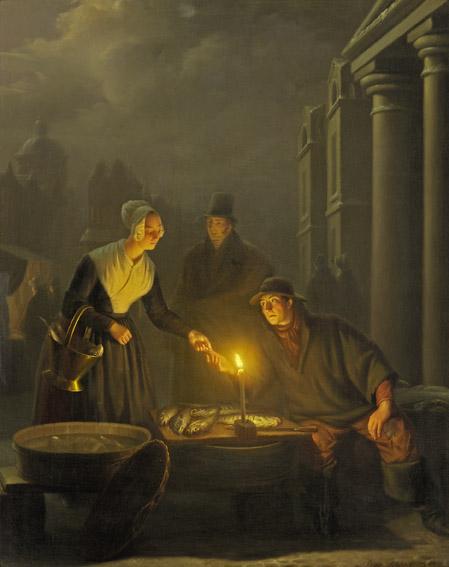 Fishmarket in the evening. Dutch romantic painting with candle-light effect