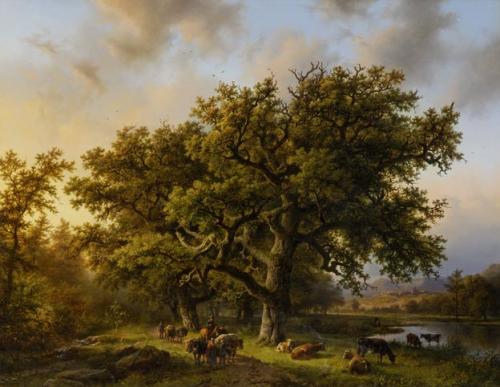 Bewaldete Landschaft mit Figuren und Vieh