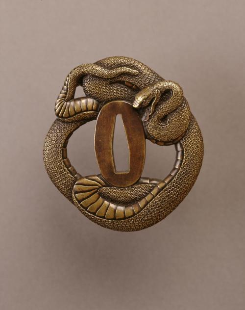 Japanese copper tsuba with snake design, Antique Sword Art  Edo Period