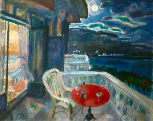 Moonlight Night. View on Montreux with the Chateau Chilloin
