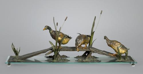 A rare and large Vienna bronze, ducks crossing a bridge