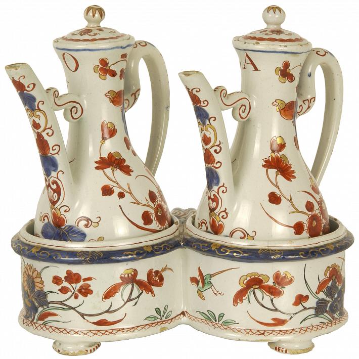 Oil and Vinegar Set in Polychrome Dutch Delftware