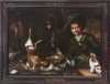 Twee grote olie op doek schilderijen, Jager en adellijke dame Vlaams mid 18e eeuw