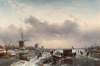 Dutch winterlanschap with three windmills and a koek-and-zopie - Charles Leickert