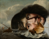 Duo schilderij: portret van een onbekende man/ zeegezicht met boten in onstuimig water