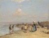 Beach scene with children playing and fishing boat on the right - ’Johannes Evert’ Hendrik Akkeringa
