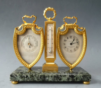 A decorative bureau set in Louis XVI style, clock, barometer and thermometer, by L. LeRoy & Cie, France, ca 1900.