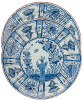 A Pair of Blue and White Delft Earthenware ‘Kraak’-Style Large Dishes