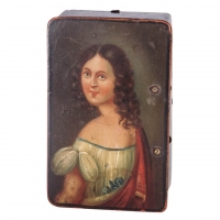 A French musical cylindre box with a polychrome painted portrait of an elegant lady, circa 1840