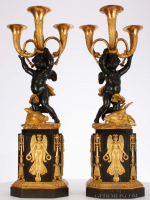 An important pair French Empire ormolu and bronze sculptural candelabra, circa 1800