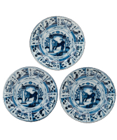 Three Delft blue and white earthenware wall dishes, The Three Bells - De Drie Klokken (The Three Bells) factory