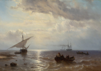 LOUIS JOHAN HENDRIK MEIJER (1809-1866) – SHIPS OFF THE COAST WITH FLAT BOTTOM WITH LOWERED SAILS ON THE LEFT (1858) - Louis Johan Hendrik Meijer