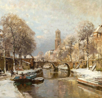 A winter view of the Oude Gracht in Utrecht with the Geertebrug, in the distance the Domtoren - Johannes Christiaan Karel Klinkenberg