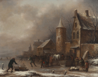 Peasants skating on a frozen river