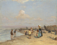 Beach scene with children playing and fishing boat on the right - ’Johannes Evert’ Hendrik Akkeringa