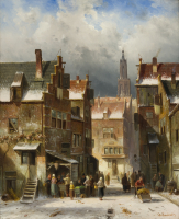 Dutch village view in winter with many figures - Charles Leickert