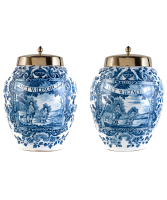 Set of Two Blue and White Tobacco Jars and Brass Covers with Inscription 'Het Wiltschut' - Pieter Jansz van Marksveld / De Grieksche A