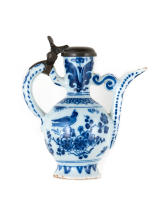 A Dutch Delft Blue and White Chinoiserie Wine Ewer Mounted  with a Pewter Period Cover