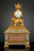 French Louis XVI lion mantel clock with musical box