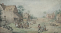 Dorpslandschap met drinkende boeren voor een herberg - Egbert Lievensz. van der Poel