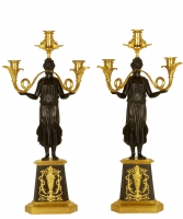 A Pair Guilded and Patined Bronze Empire Candelabers