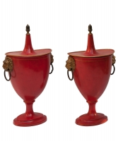 A Pair of French Red-and-Gold Tole Peinte Covered Chestnut Vases