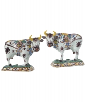 A Pair of Cows in Polychrome Dutch Delftware