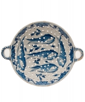 A Dutch Delft Blue and White Two-handled Tripod Circular Fish Strainer