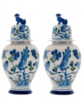A Pair of Rare Dutch Delft Green and Blue Chinoiserie Baluster vases and Covers