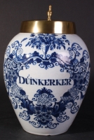 A Dutch Delft blue and white tobacco jar with brass cover, Duinkerker